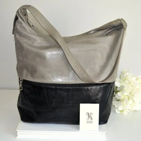 đź–¤ HOBO Joyce Style Shoulder Bag Two-Tone Leather Stone/Gray & Black - Picture 1 of 14